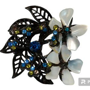 Vintage Mandle Black Flower Brooch Mother Of Pearl Petals Blue Green Rhinestones